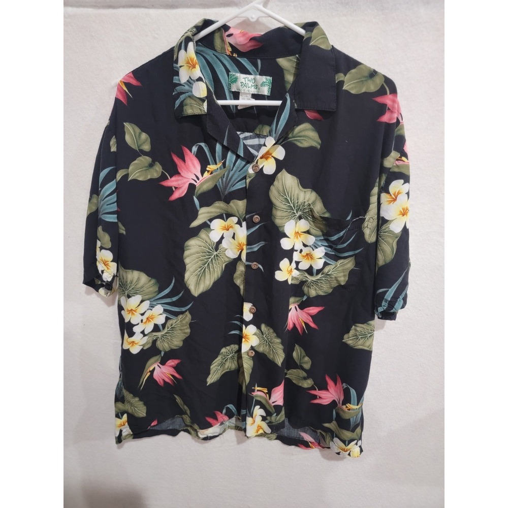 Two‎ Palms Black Floral Men's Button Down Hawaiian Shirt Made in Hawaii Size XL